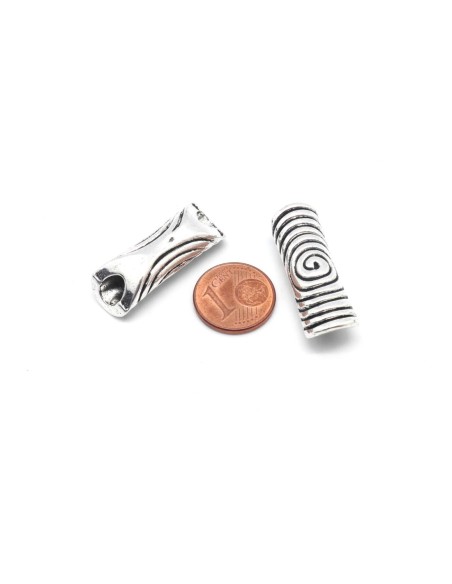 perle tube passant en métal argenté motif spirale pour cordon cuir 5mm