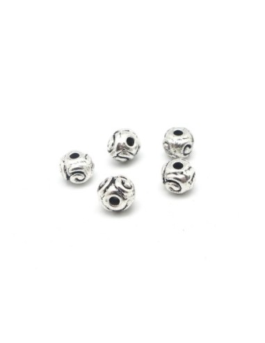 30 Perles rondes 6mm en métal argenté gravé motif contemporain 