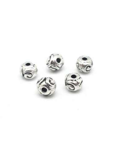 30 Perles rondes 6mm en métal argenté gravé motif contemporain 