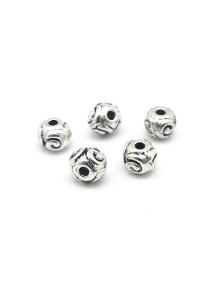 30 Perles rondes 6mm en métal argenté gravé motif contemporain 