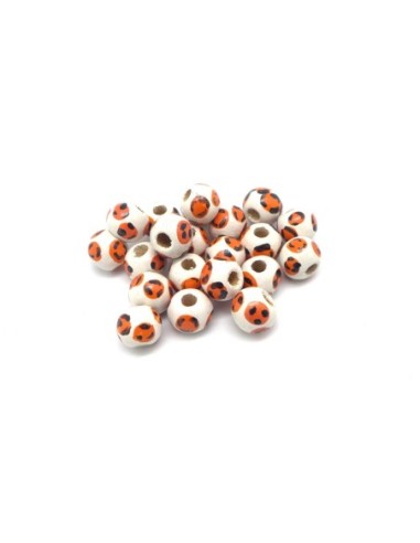 50 perles en bois peinte ronde 8mm motif pois orange et noir sur fond blanc