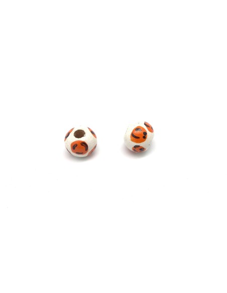 50 perles en bois peinte ronde 8mm motif pois orange et noir sur fond blanc