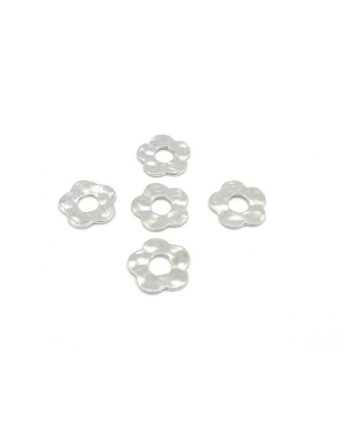 10 Connecteur fleur 5 pétales 17,6mm strié en métal argenté martelé - Style donut 