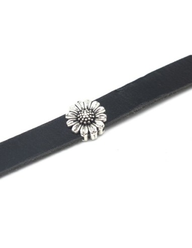 4 Perles passant pour lanière 12mm slide en métal argenté motif marguerite