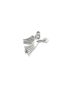 10 Breloques, pendentifs ange avec étoile en métal argenté 26mm x 23mm