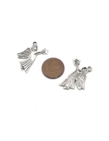 10 Breloques, pendentifs ange avec étoile en métal argenté 26mm x 23mm 