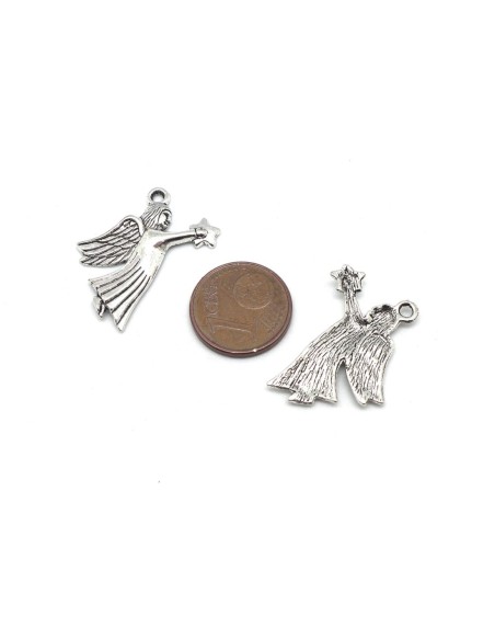 10 Breloques, pendentifs ange avec étoile en métal argenté 26mm x 23mm 