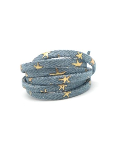 1m Lanière 5mm en jeans devin délavé coton tissé motif étoile doré bleu jeans délavé