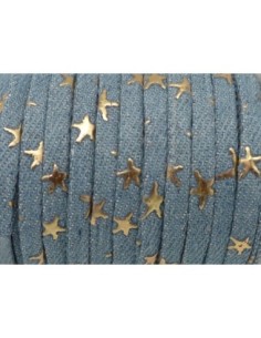 1m Lanière 5mm en jeans devin délavé coton tissé motif étoile doré bleu jeans délavé 2