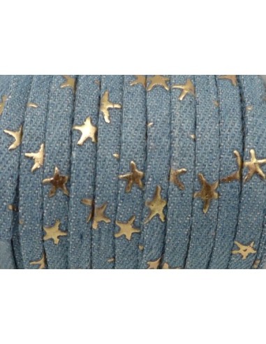 1m Lanière 5mm en jeans devin délavé coton tissé motif étoile doré bleu jeans délavé
