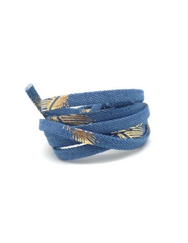 Lanière 5mm en jeans denin coton tissé motif plume doré bleu