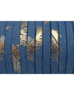 Lanière 5mm en jeans denin coton tissé motif plume doré bleu 2