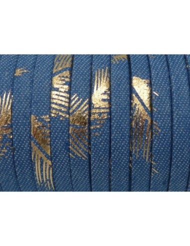 Lanière 5mm en jeans denin coton tissé motif plume doré bleu