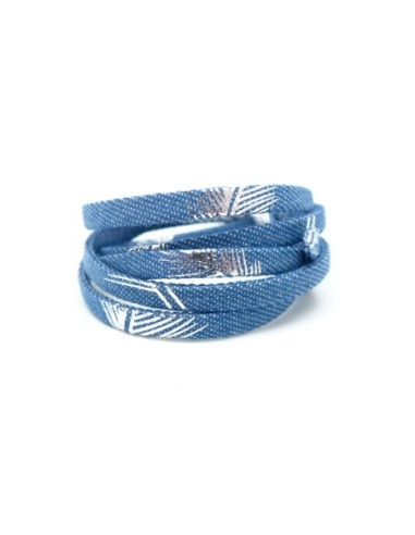 Lanière 5mm en jeans denin coton tissé motif plume argenté bleu