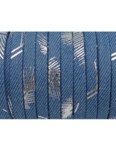 Lanière 5mm en jeans denin coton tissé motif plume argenté bleu 2