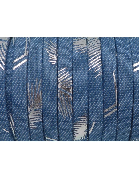 Lanière 5mm en jeans denin coton tissé motif plume argenté bleu