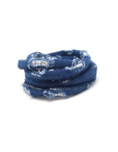 1m Cordon jeans trashed effet usé déchiré 6mm et paillette argenté en coton bleu foncé