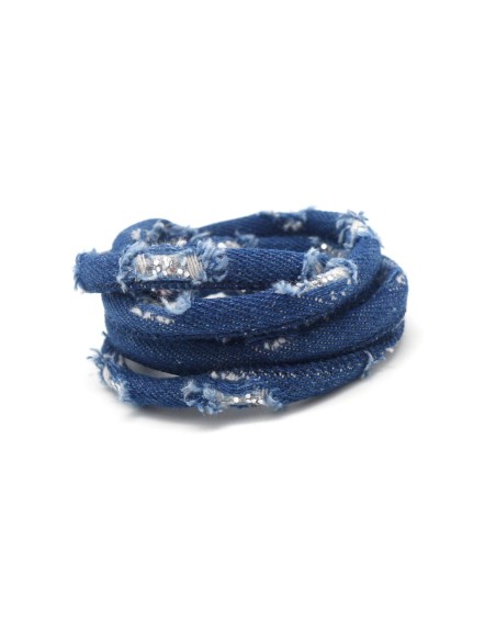 1m Cordon jeans trashed effet usé déchiré 6mm et paillette argenté en coton bleu foncé