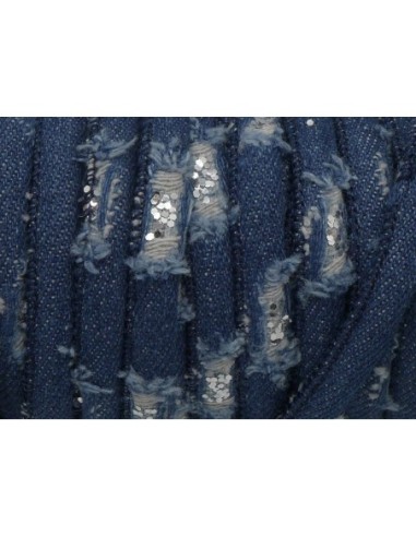 1m Cordon jeans trashed effet usé déchiré 6mm et paillette argenté en coton bleu foncé