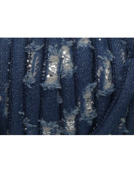 1m Cordon jeans trashed effet usé déchiré 6mm et paillette argenté en coton bleu foncé