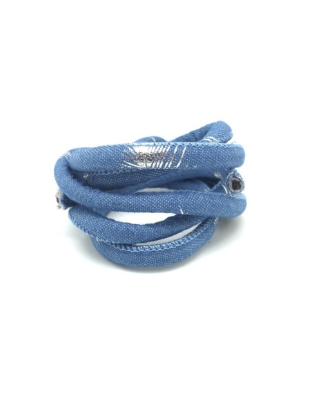 1m Cordon jeans 6mm  motif plume argenté en coton bleu  Tendance denin