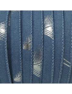 1m Cordon jeans 6mm  motif plume argenté en coton bleu  Tendance denin 2