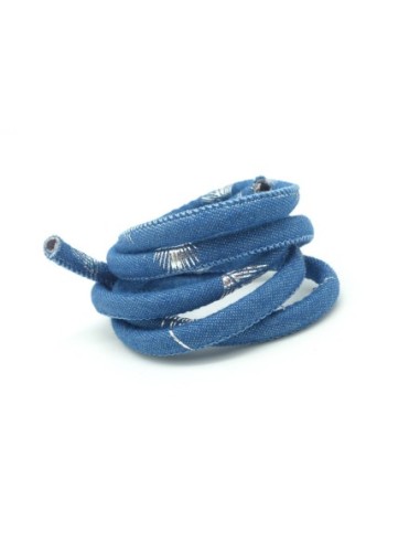 1m Cordon jeans 6mm  motif plume argenté en coton bleu  Tendance denin