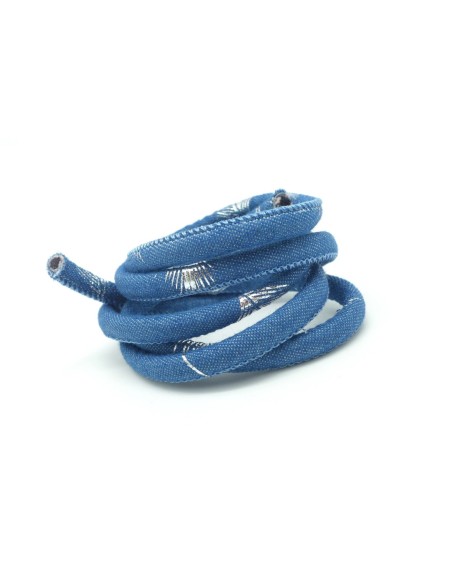 1m Cordon jeans 6mm  motif plume argenté en coton bleu  Tendance denin