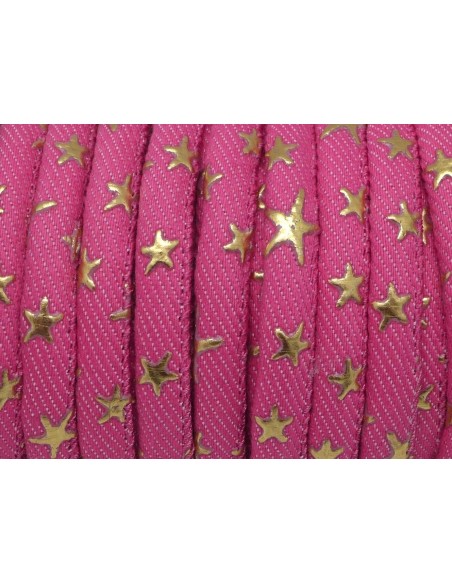 1m Cordon 6mm motif étoiles peint en doré en coton couleur fuschia et doré 