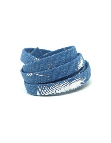 lanière 10mm en jeans denin coton tissé motif plume argenté bleu