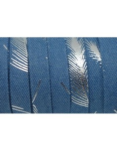 lanière 10mm en jeans denin coton tissé motif plume argenté bleu 2