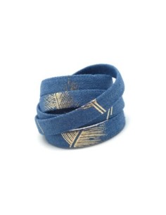 Lanière 10mm en jeans denin coton tissé motif plume doré bleu