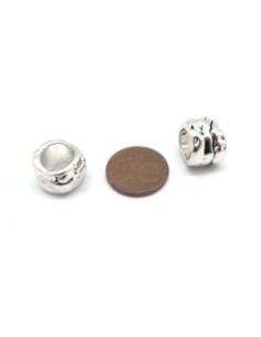 5 Perles passant ronde martelé 13mm en métal argenté à gros trou 8,3mm 2