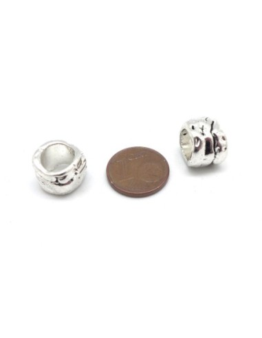 5 Perles passant ronde martelé 13mm en métal argenté à gros trou 8,3mm