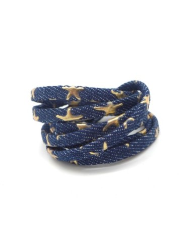 Lanière jeans 5mm denin brut coton tissé motif étoile doré et bleu foncé