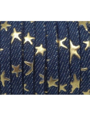 Lanière jeans 5mm denin brut coton tissé motif étoile doré et bleu foncé