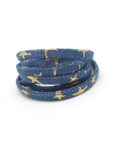 Lanière jeans 5mm denin coton tissé motif étoile doré et bleu