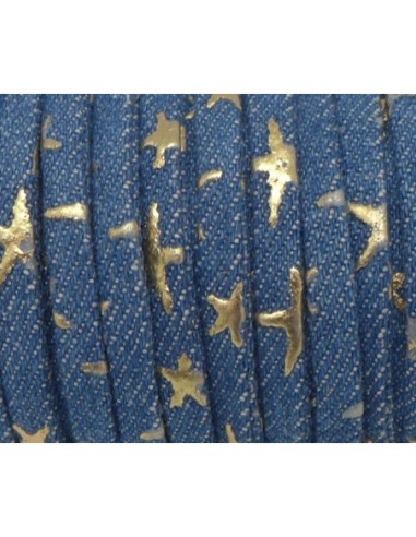 Lanière jeans 5mm denin coton tissé motif étoile doré et bleu