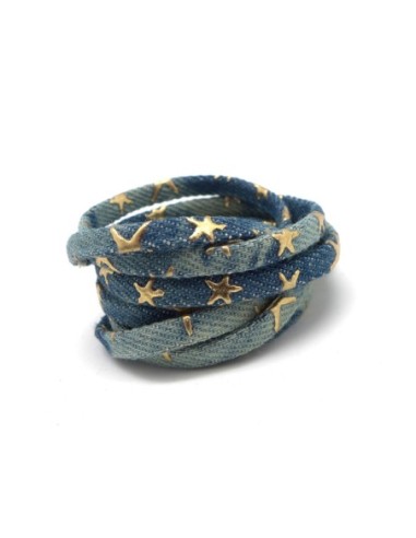 Lanière jeans délavé 5mm denin délavé coton tissé motif étoile doré et bleu délavé