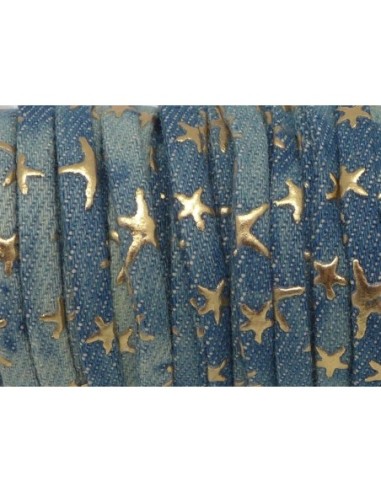 Lanière jeans délavé 5mm denin délavé coton tissé motif étoile doré et bleu délavé