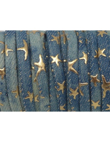 Lanière jeans délavé 5mm denin délavé coton tissé motif étoile doré et bleu délavé
