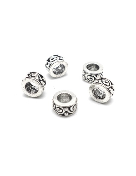 Perles rondelle à gros trou 4,7mm en métal argenté gravé motif frise