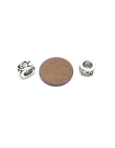 Perles 8mm à gros trou 4,7mm en métal argenté gravé motif frise