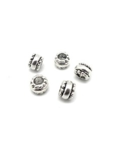 Perles tonneau, toupie en métal argenté travaillé à gros trou 5mm