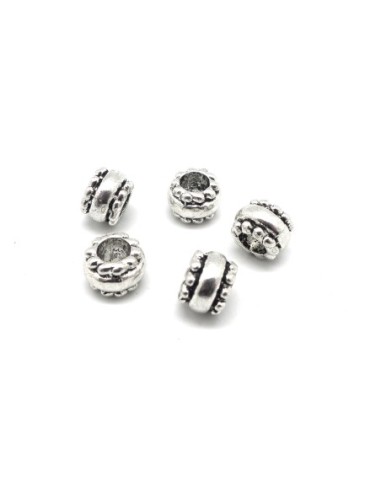 Perles tonneau, toupie en métal argenté travaillé à gros trou 5mm