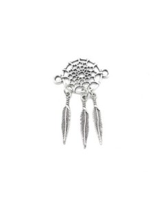 pendentif connecteur attrape rêve en métal argenté Dreamcatcher avec 3 plumes