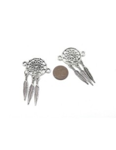 pendentif connecteur attrape rêve en métal argenté Dreamcatcher avec 3 plumes 2