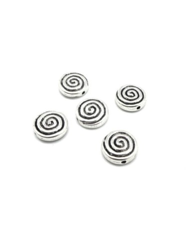 Perles pastille en métal argenté ronde motif spirale style ethnique