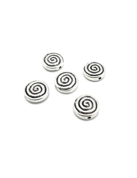 Perles pastille en métal argenté ronde motif spirale style ethnique