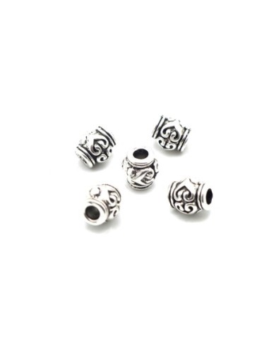 perle ronde 6mm tonneau en métal argenté travaillé